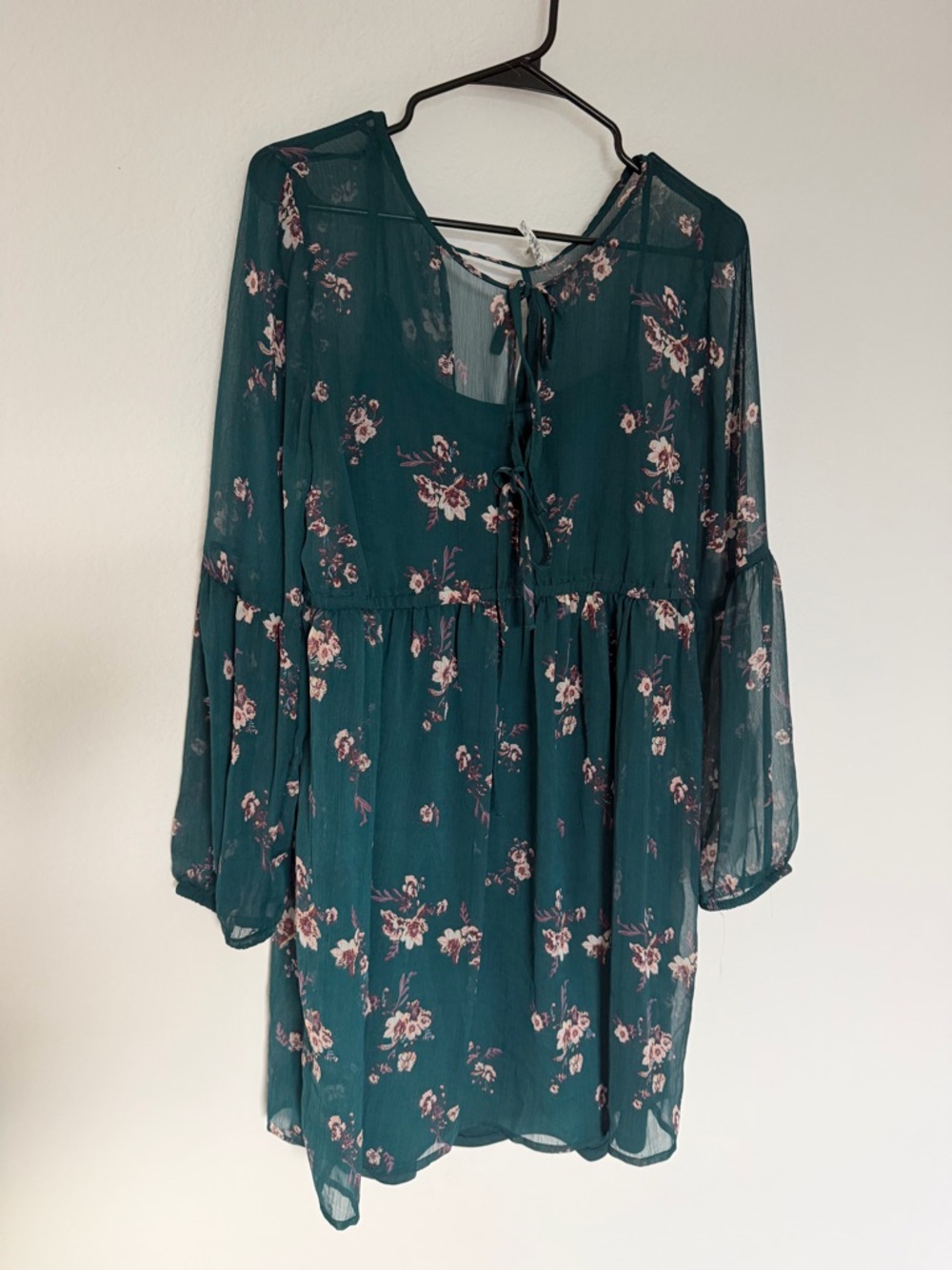 Mudd Women's X-Large Two-piece Dress Slip Long Sleeve Sheer Emerald Green
